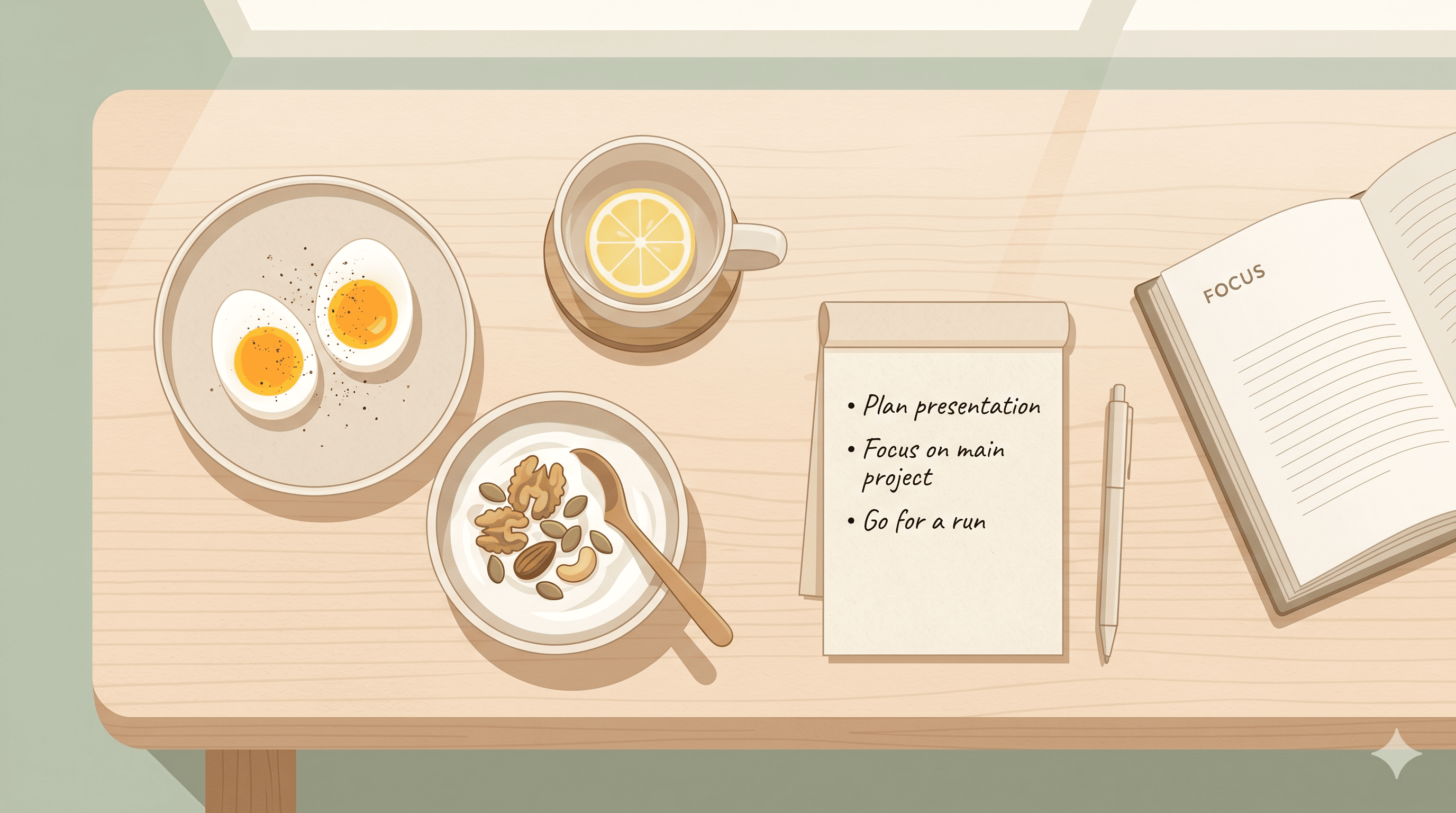 단백질 중심 아침 식사와 오늘의 Big 3 목표를 적은 메모지로 하루를 설계하는 아침 루틴 일러스트