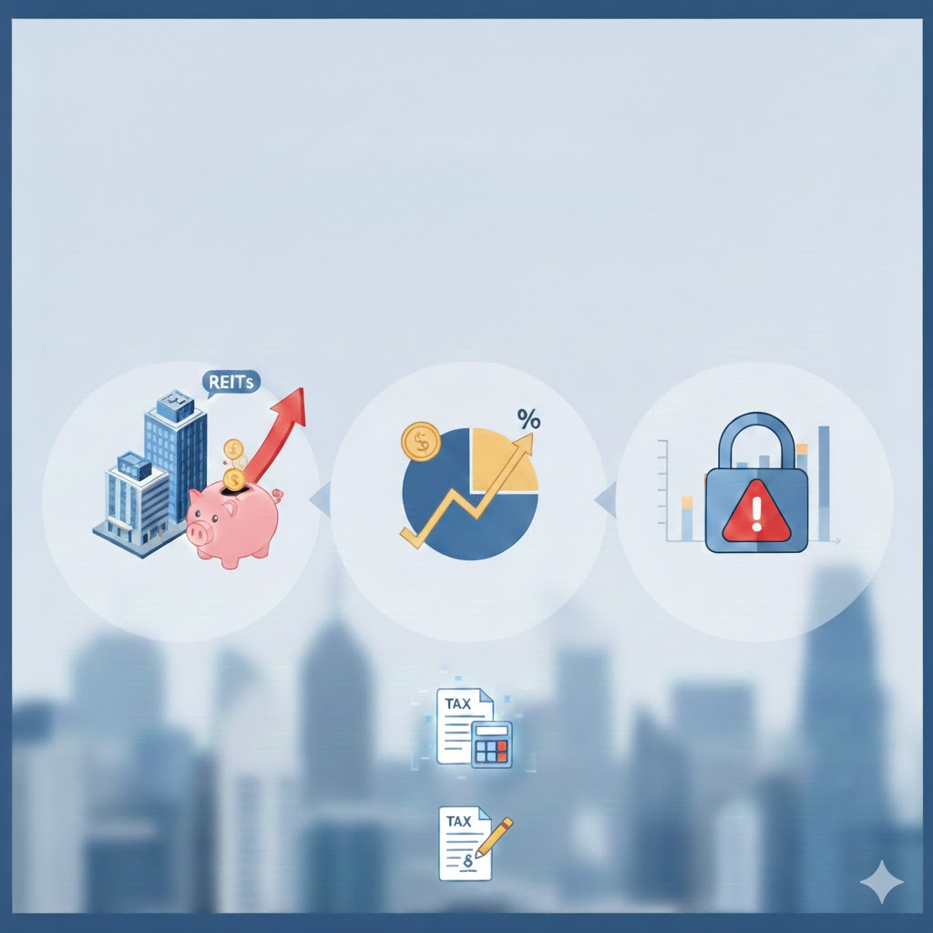 2026년 부동산 간접 투자(리츠 및 부동산 펀드)의 수익 구조, 리스크 관리 및 세금 혜택을 시각화한 인포그래픽 이미지