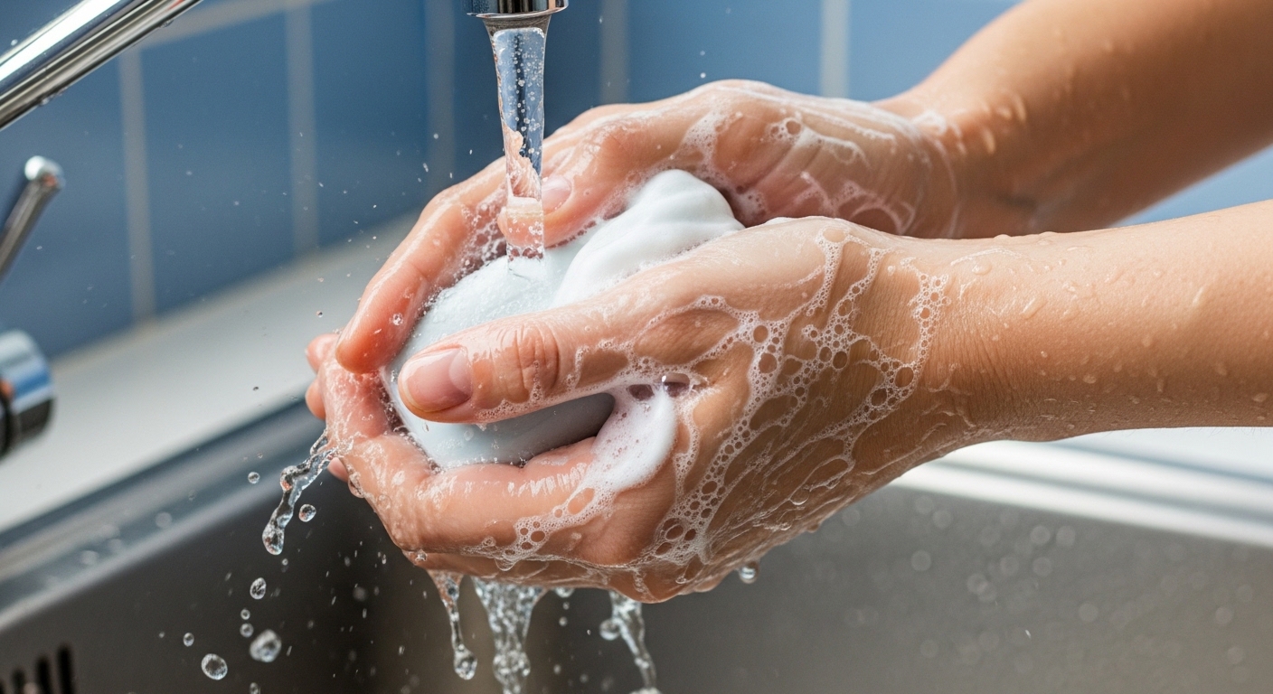 비누와 물로 손을 깨끗이 씻는 사람의 모습. 니파바이러스 예방을 위한 기본적인 위생 수칙을 나타냅니다.