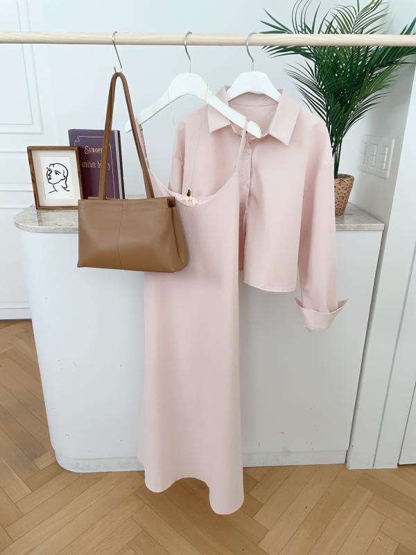 시크릿 스트랩 길이조절 롱 원피스 숏 남방 세트 E-497