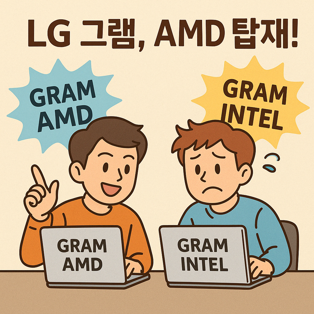 LG 그램 AMD와 인텔 모델을 비교한 만화 스타일 일러스트, 소비자 선택을 유도하는 비교 콘텐츠용 이미지