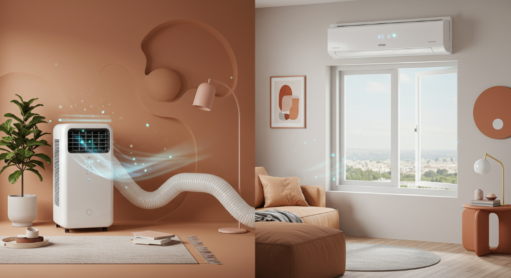 2025년형 이동식 에어컨과 창문형 에어컨을 비교하는 이미지. 이동식 에어컨은 호스를 창문으로 연결하여 바닥에 놓여 있고, 창문형 에어컨은 창틀에 깔끔하게 설치되어 있다. 두 제품 모두 시원한 바람이 나오는 것을 묘사하며, 현대적인 실내 디자인과 조화를 이룬다.