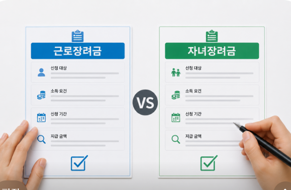 근로장려금과 자녀장려금 신청 기준 차이를 비교하는 안내 이미지