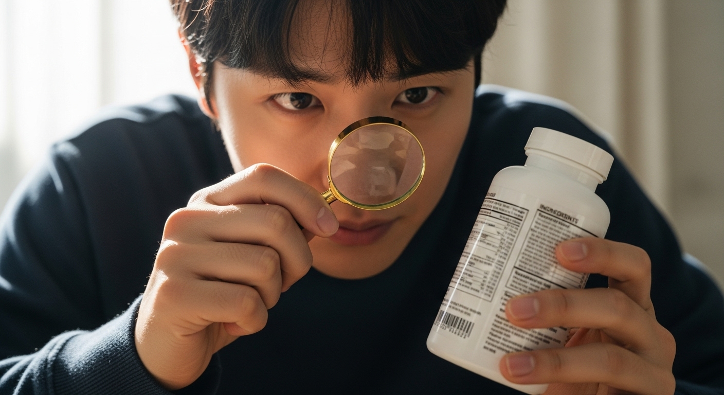 한 사람이 영양제 병 뒷면의 성분표를 돋보기로 자세히 들여다보며 핵심 성분을 확인하는 이미지