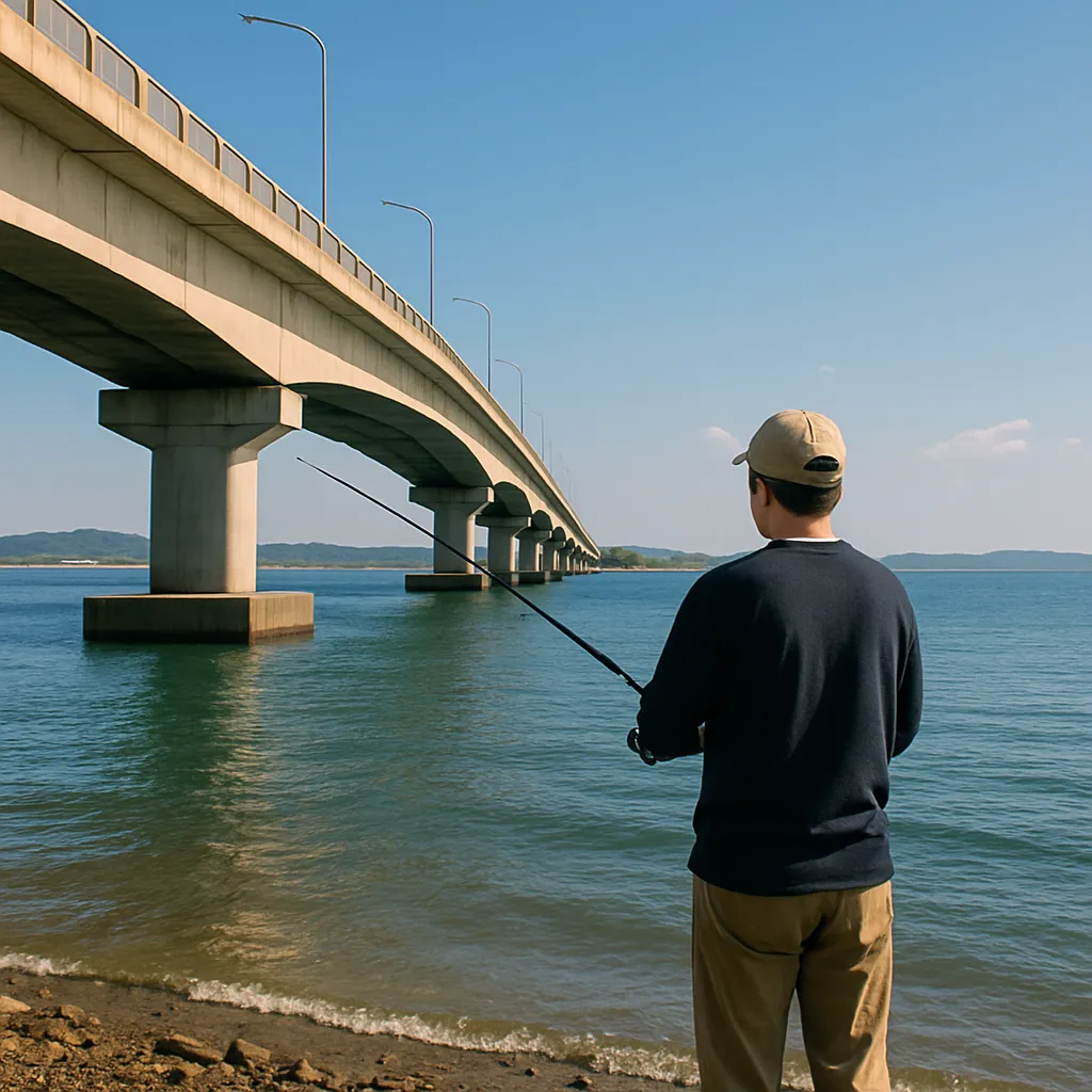 초지대교 아래에서 낚시하는 남성과 바다 풍경