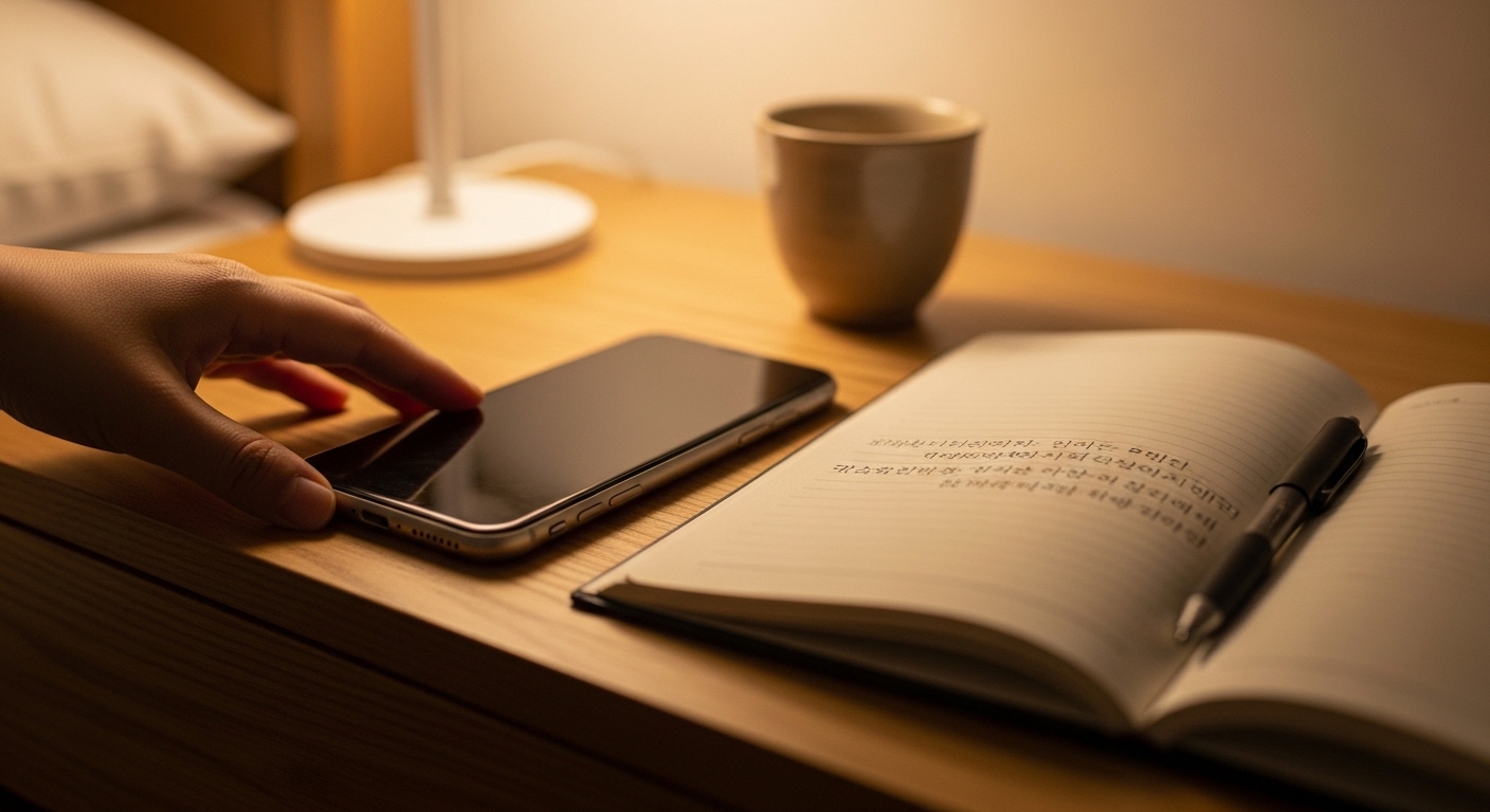 탁자 위에 스마트폰과 노트가 놓여 있는 장면