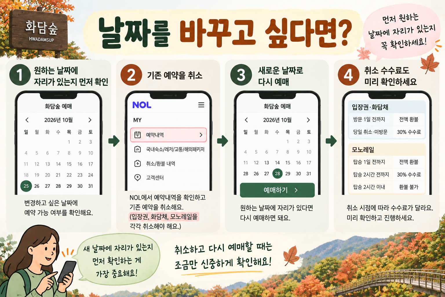 alt="화담숲 예약 날짜를 바꿀 때 원하는 날짜의 잔여 자리를 먼저 확인하고 기존 예약 취소 후 새 날짜로 다시 예매하는 방법"