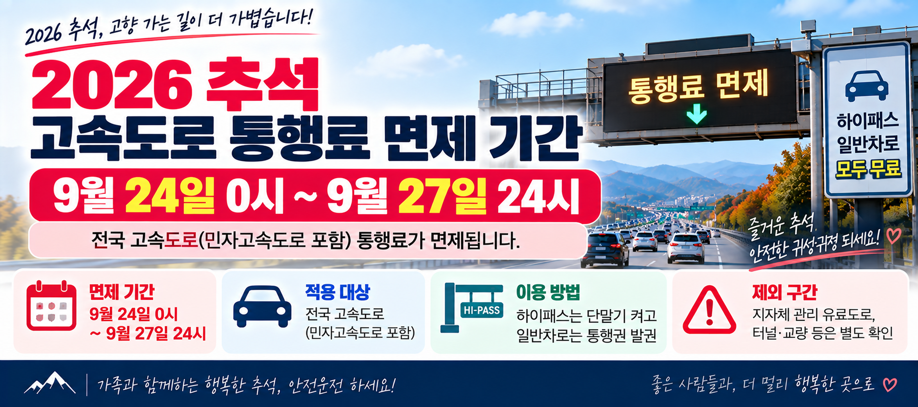 2026 추석 고속도로 통행료 면제 기간과 민자고속도로 포함 안내