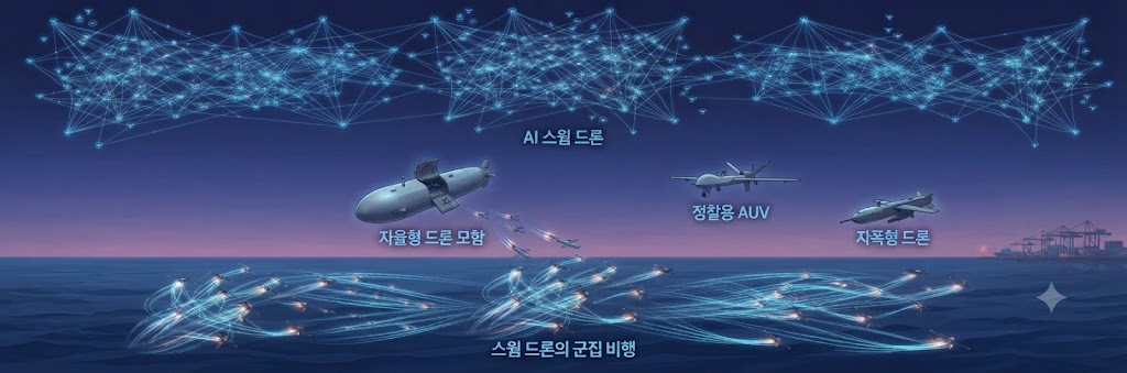 AI 기반 자율 비행 드론 스웜(군집)의 공중 기동 작전 시뮬레이션 일러스트. 전술 네트워크 디스플레이를 중심으로 다수의 드론이 궤적을 그리며 편대 비행하고 있다.