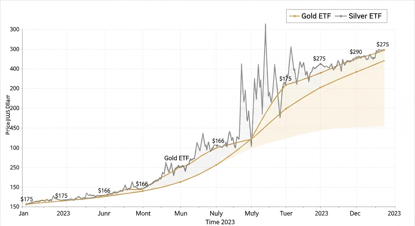 금 ETF와 은 ETF의 가격 변동률 차트가 극명하게 대비되는 모습