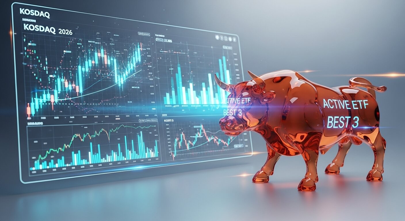 황소조형물에 ACTIVE EFT BEST3 이 써죠있고 모니터에는 KOSDAQ 2026 주식변동차트가 있다