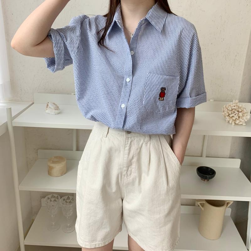 여성 반팔 셔츠 여름남방 시어서커 블라우스 아사면 지지미 스트라이프셔츠