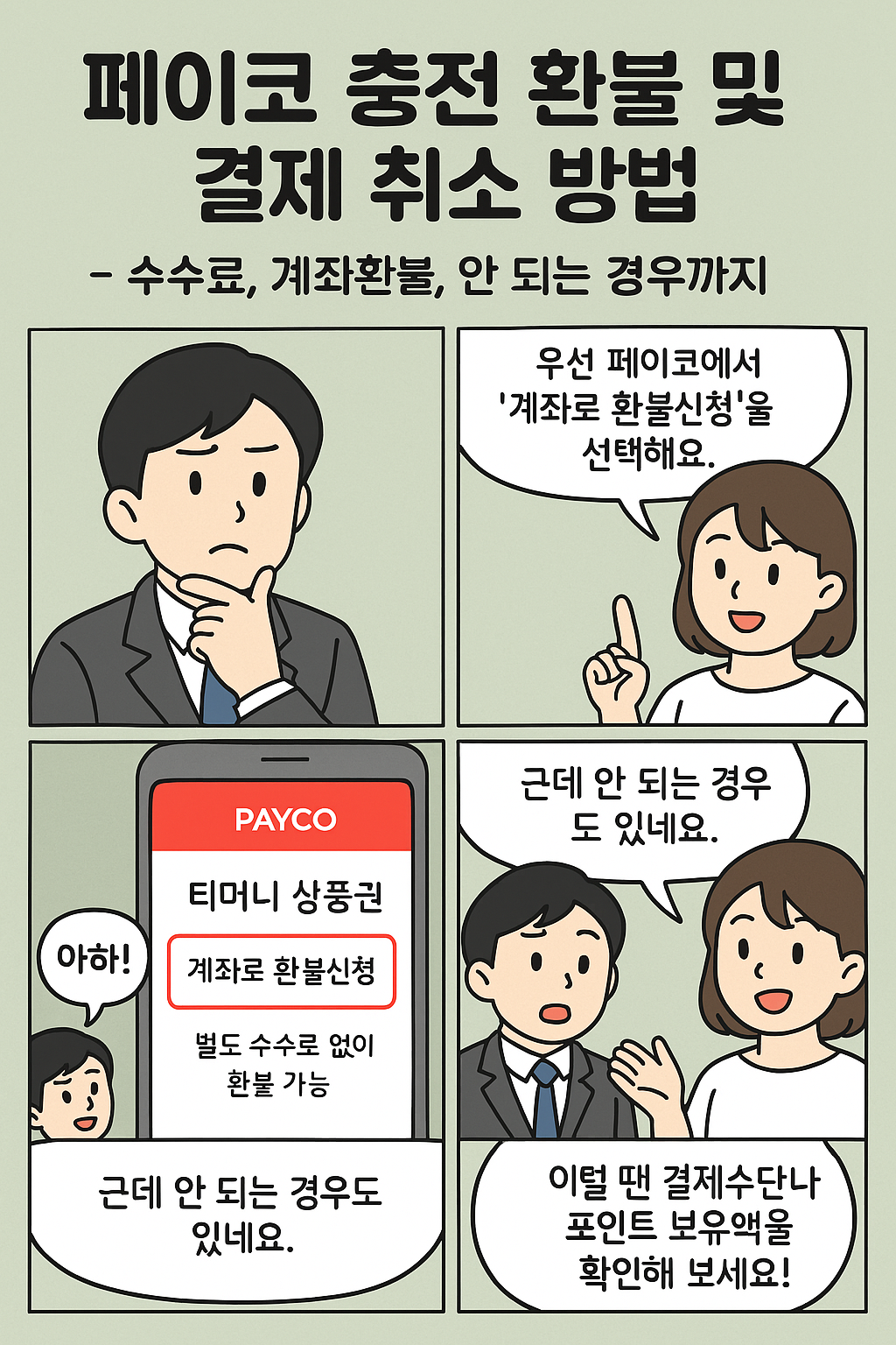 카드 실적을 맞추기 위해 페이코 포인트를 충전한 후 다시 환불하거나 결제를 취소하는 경우가 종종 있습니다.

그런데 막상 환불을 시도하다 보면 페이코 결제 취소가 되지 않거나 수수료가 발생해 당황하는 분들도 많은데요. 이번 글에서는 페이코 환불 방법과 충전 취소 시 수수료 발생 여부, 그리고 결제 취소가 불가능한 상황에서의 해결 방법까지 하나씩 정리해보겠습니다.


페이코 "계좌로 환불신청"을 선택합니다.

우선, 페이코 충전 후 환불을 하려면 페이코 앱에서 &lsquo;계좌로 환불 신청&rsquo;을 선택해야 하며, 티머니나 모바일 상품권처럼 별도 환불계좌를 요구하지 않는 경우도 있습니다.