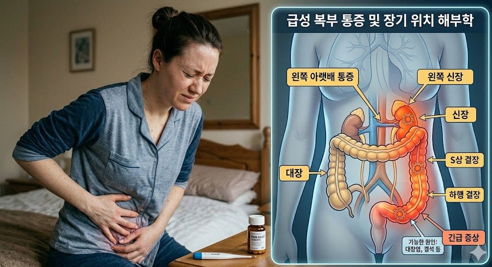 갑작스러운 왼쪽 아랫배 통증의 원인을 파악하기 위해 맹장과 대장의 위치를 깐깐하게 확인하는 모습