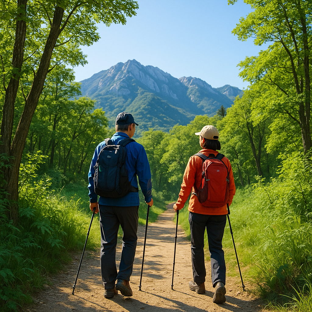 5월 초 북한산 등산하는 중년 부부, 등산복을 입고 푸른 숲길을 걷는 모습, 맑은 하늘과 산 능선, 따뜻한 햇살