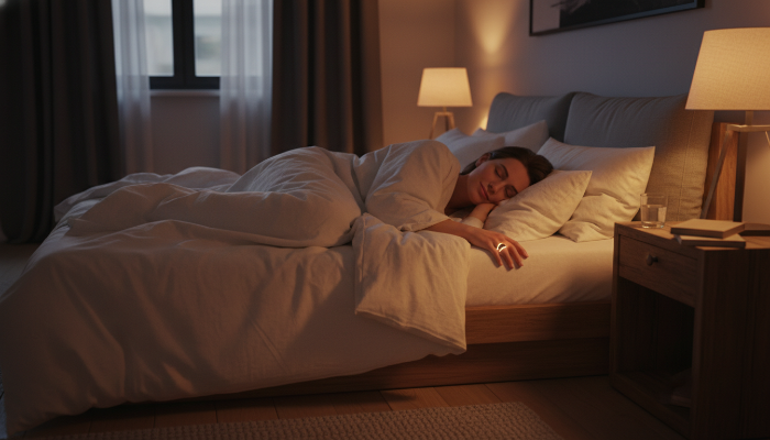 생체 리듬 최적화를 위해 따뜻한 조명 아래서 수면 추적기를 착용하고 잠든 사람