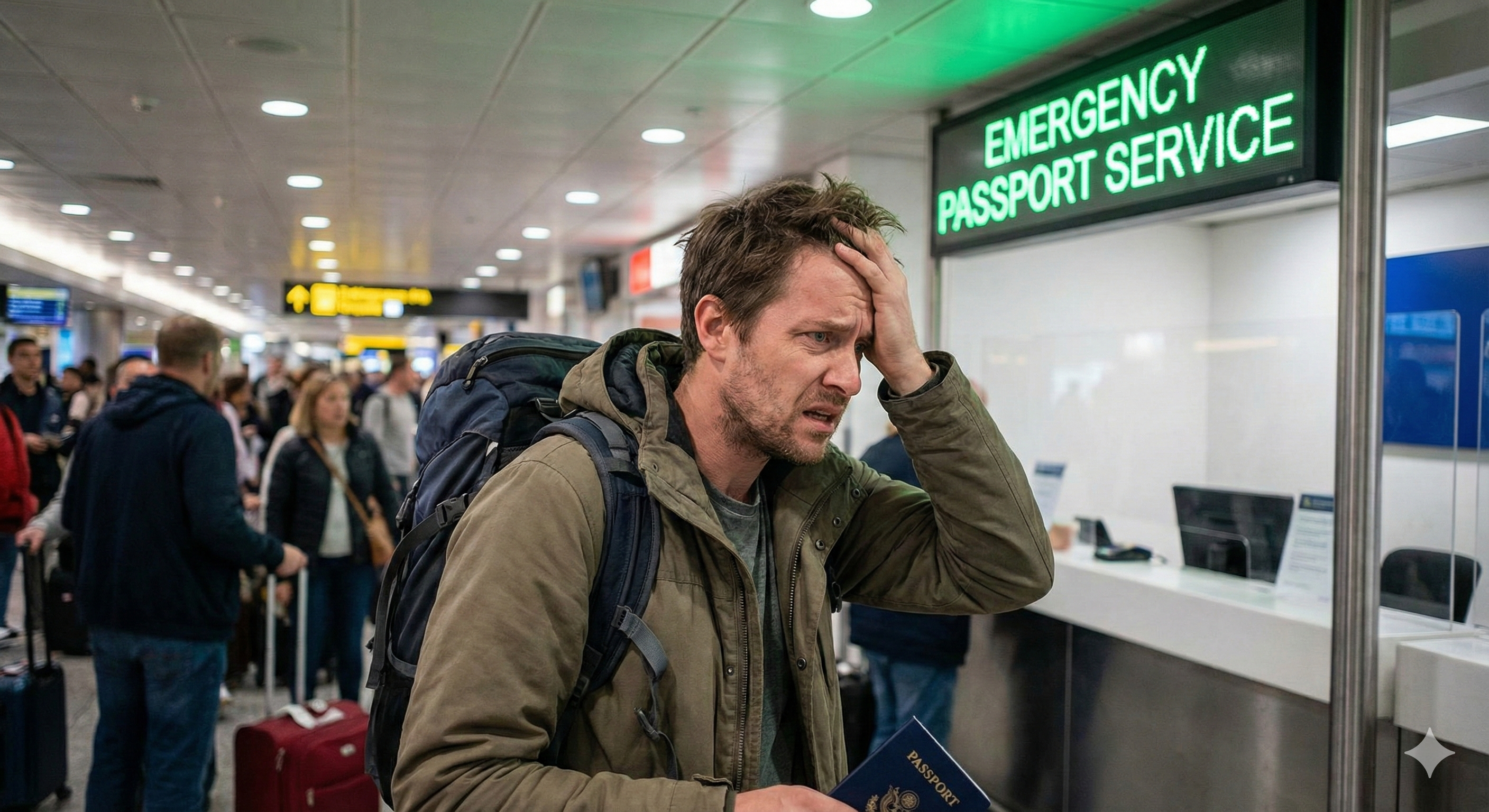 인천공항 긴급여권 서비스 센터 안내판과 안도하는 여행객 일러스트