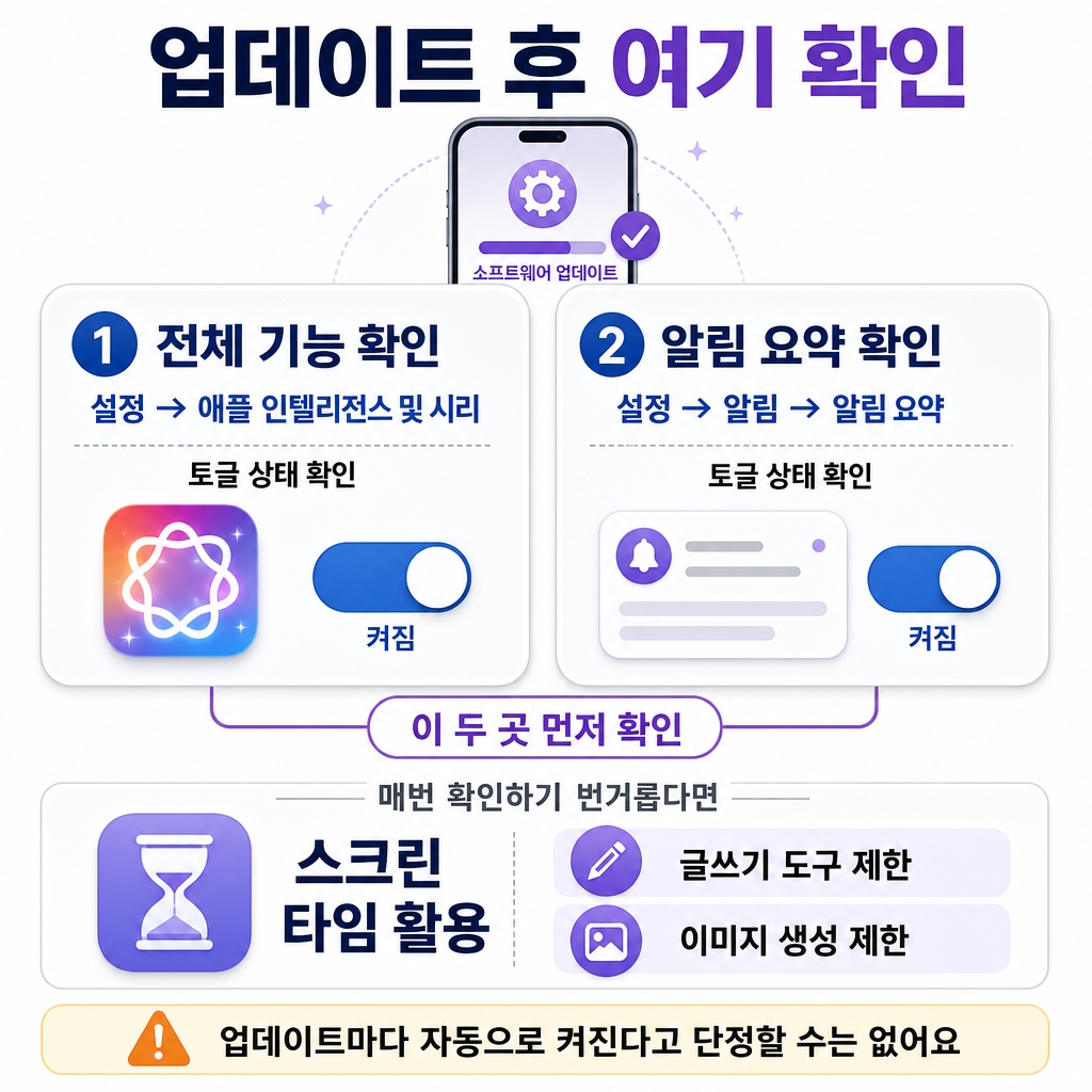 업데이트 후 다시 켜져 있을 때 확인할 곳