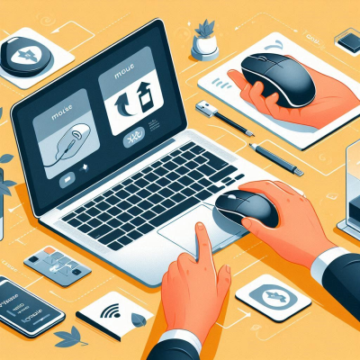 다양한 마우스 기능을 테스트하는 손과 노트북 화면의 사용자 인터페이스