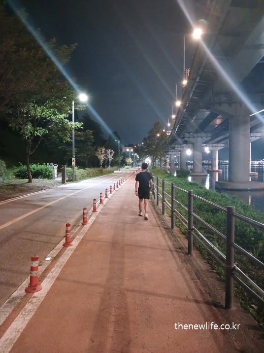 다리 아래 한강변 산책로에서 걷기 운동을 하는 사람 – 바른 걷기 자세