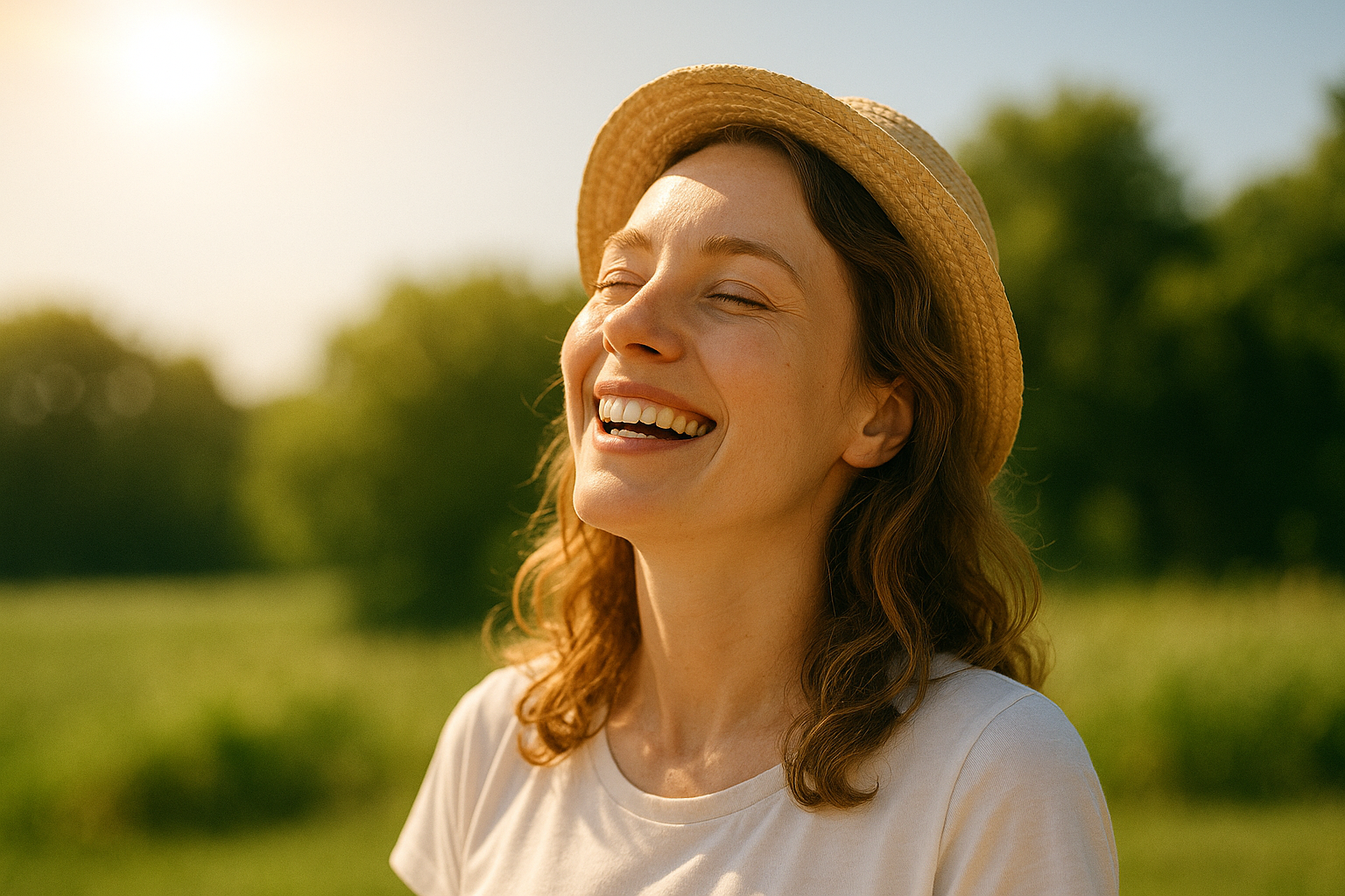 강한 자외선 속에서도 자외선 차단제를 바르고 웃는 여성 – SPF와 PA 지수의 중요성을 보여주는 이미지"