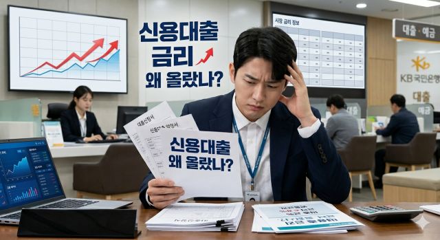 신용대출 금리 상승과 대환대출 비교를 설명하는 금융 정보 이미지