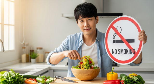 금연과 건강식 식단 실천하는 중년 남성