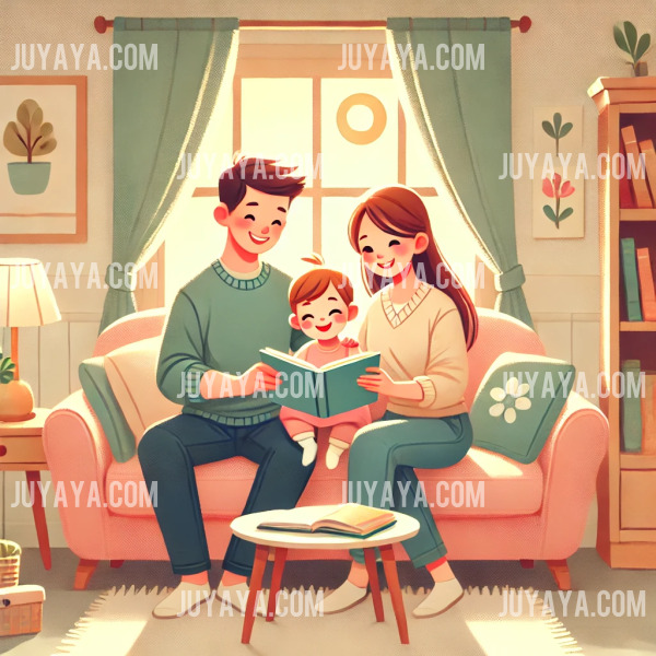 부모가 따뜻한 거실에서 아이와 함께 책을 읽으며 즐거운 시간을 보내는 모습. 배경에는 소파와 책이 놓인 테이블이 보인다.