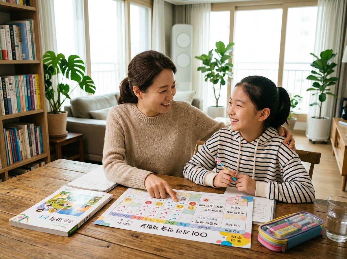 학습 계획표를 보며 자녀의 과학 학습을 코칭하는 한국 학부모