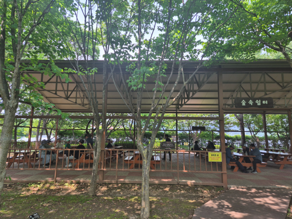 나무들 사이에 마련된 넓은 '숲속쉼터'와 방문객들