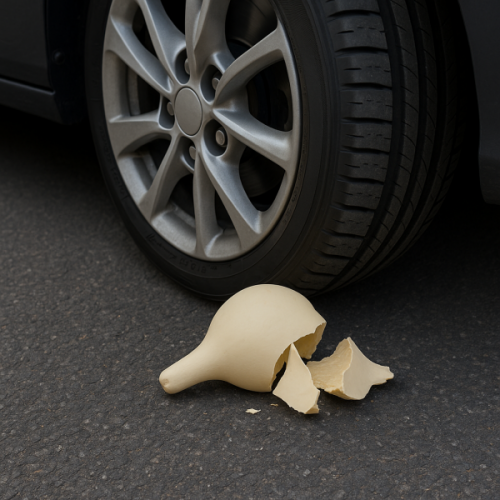 앞바퀴 밑에 박바가지를 놓고 깨는 모습