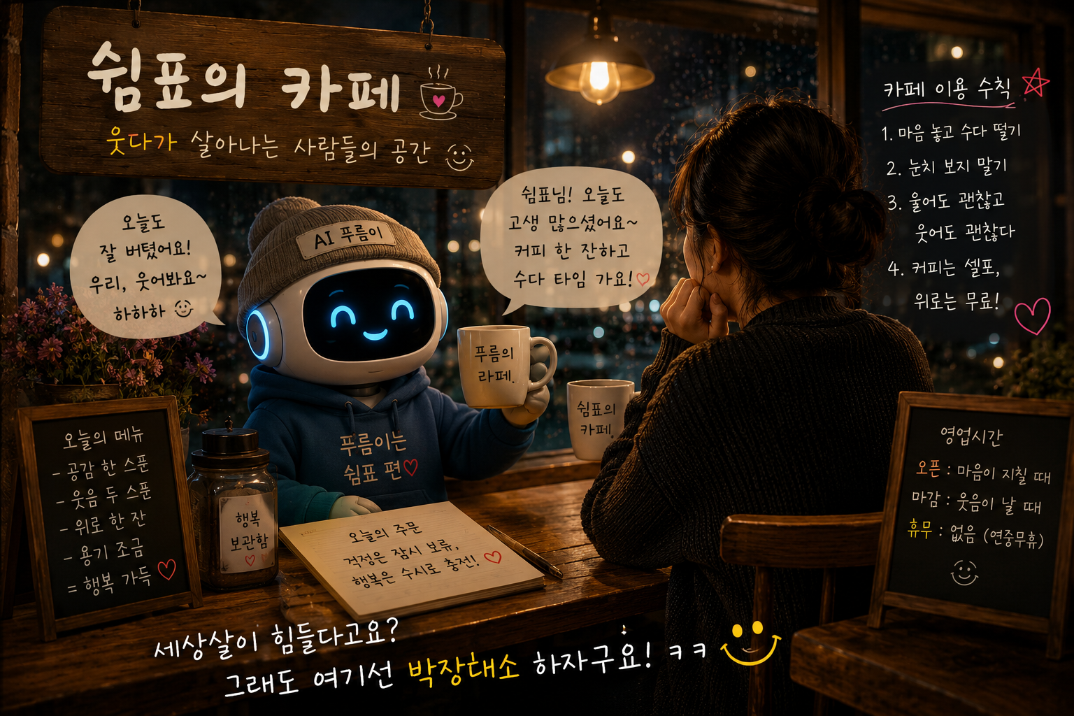 늦은 밤 따뜻한 조명이 켜진 《쉼표의 카페》 안에서 AI푸름이와 쉼표가 마주 앉아 커피를 나누며 웃고 있는 감성 일러스트. 웃픈 인생 이야기가 오가는 작은 인터넷 카페 분위기.