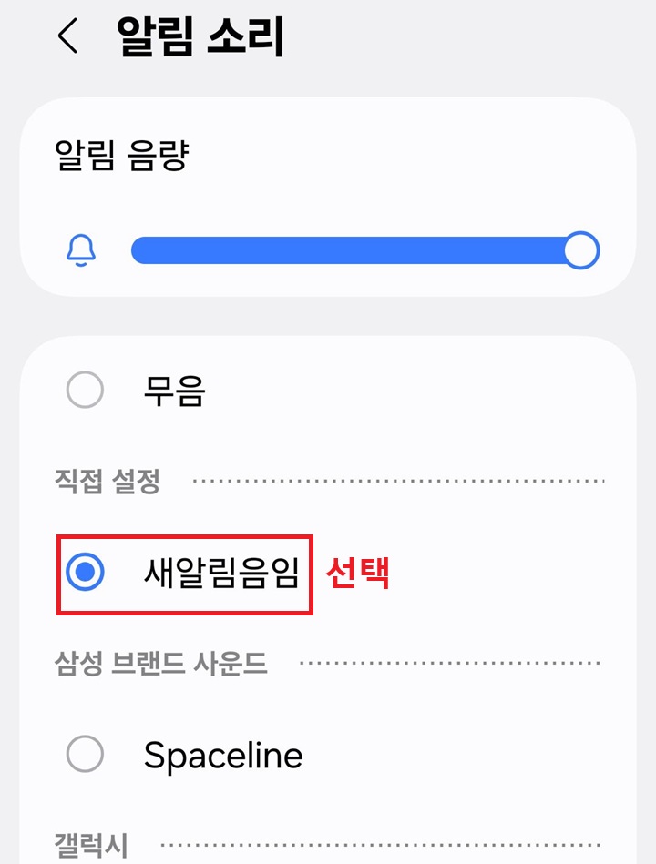 알림 소리 페이지에 새로 만든 알림음 선택된 것 보임