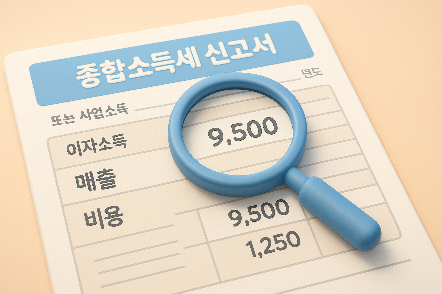 돋보기로 종합소득세 신고서의 매출 항목을 자세히 들여다보는 이미지