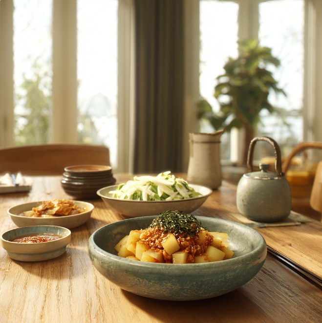 식탁 위 콜라비 무 채