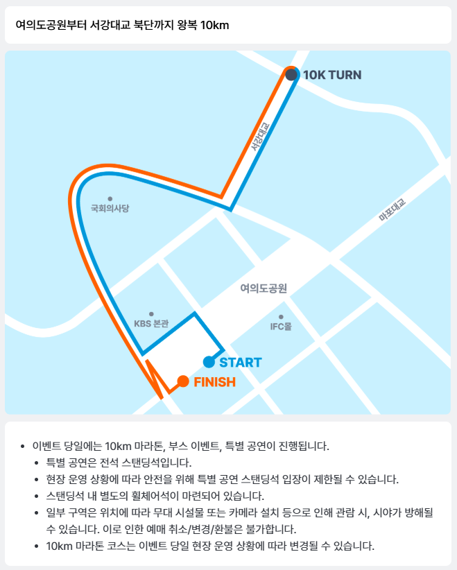 2025 무한도전 마라톤 코스 지도 – 여의도공원부터 서강대교 북단까지 왕복 10km 구간을 안내하는 공식 경로 이미지