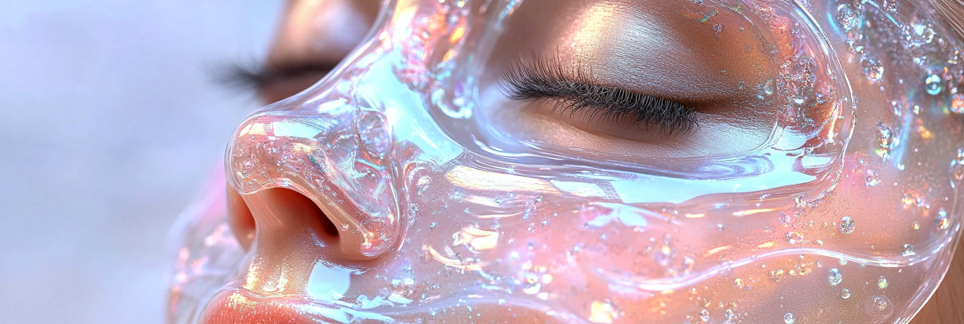 A close-up shot of a sheet mask being showcased in a modern, minimalistic studio setting, resting on a glowing surface, highlighting its smooth and premium texture, skincare essence droplets glistening in soft ambient light, futuristic and elegant presentation, sleek packaging displayed beside the mask, cinematic lighting, volumetric light, global illumination, scattering, ultra-detailed textures, hyper-realistic, professional and luxurious product advertisement