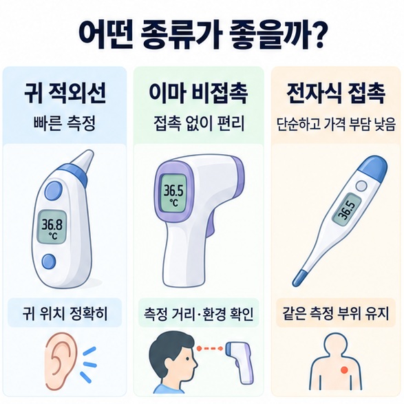 귀 적외선 이마 비접촉식 전자식 접촉 체온계의 장점과 확인할 점을 비교한 인포그래픽