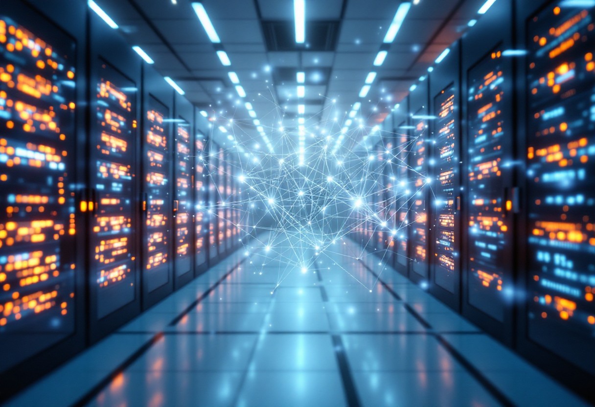 AI 서버들이 가득 찬 미래형 데이터 센터