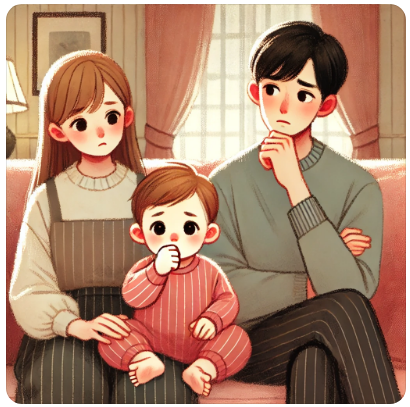 손가락을 빠는 아이와 이를 걱정스럽게 바라보고 있는 엄마, 아빠의 모습