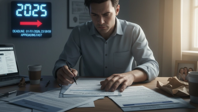 복잡한 정부 지원금 신청 서류를 보며 고민하는 사람, 2025년 마감 임박을 알리는 시계.