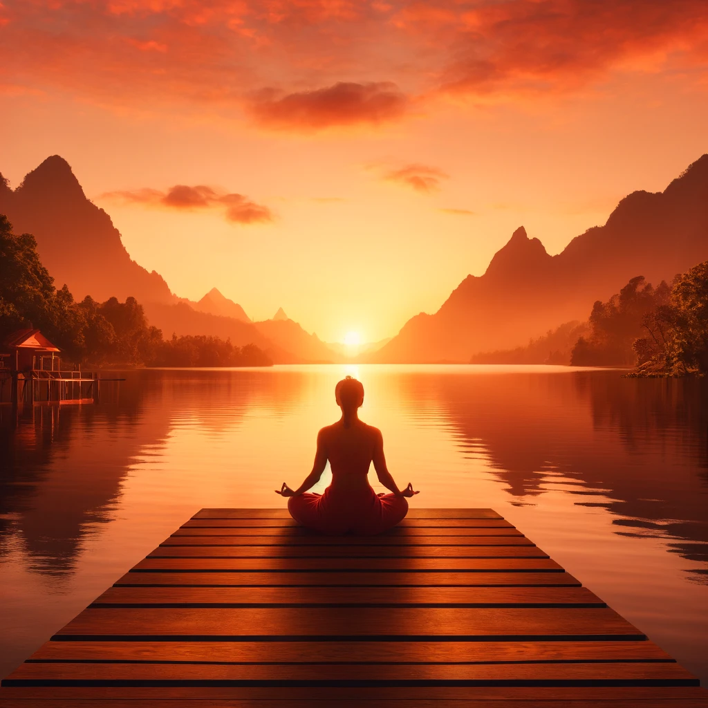 일출을 보면서 명상 하는 모습