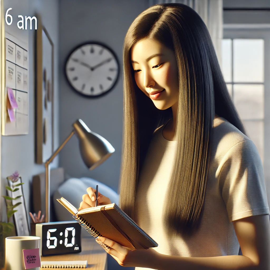 아침 루틴 만들기 긴 생머리 여성 아침 실천 목표들 확인하기
