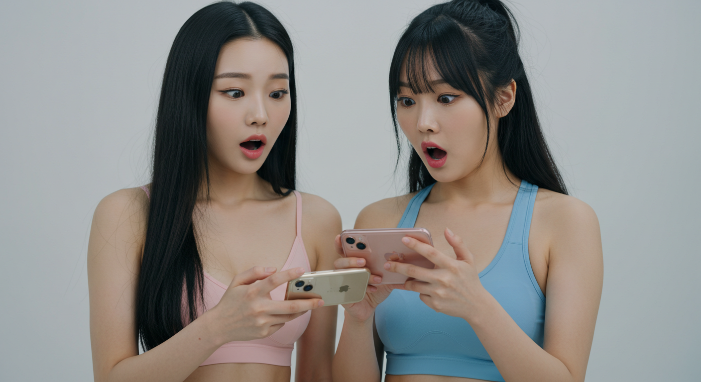 스마트폰을 보고 놀라는 여자들