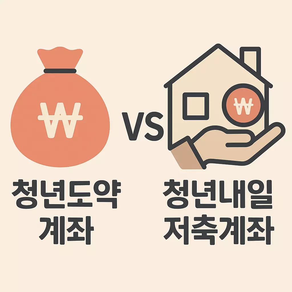 왼쪽에는 돈주머니 아이콘과 '청년도약계좌', 오른쪽에는 집과 손 아이콘, 그리고 '청년내일저축계좌'가 적혀 있는 비교형 이미지. 가운데는 'VS' 텍스트가 강조되어 두 제도를 대비함.