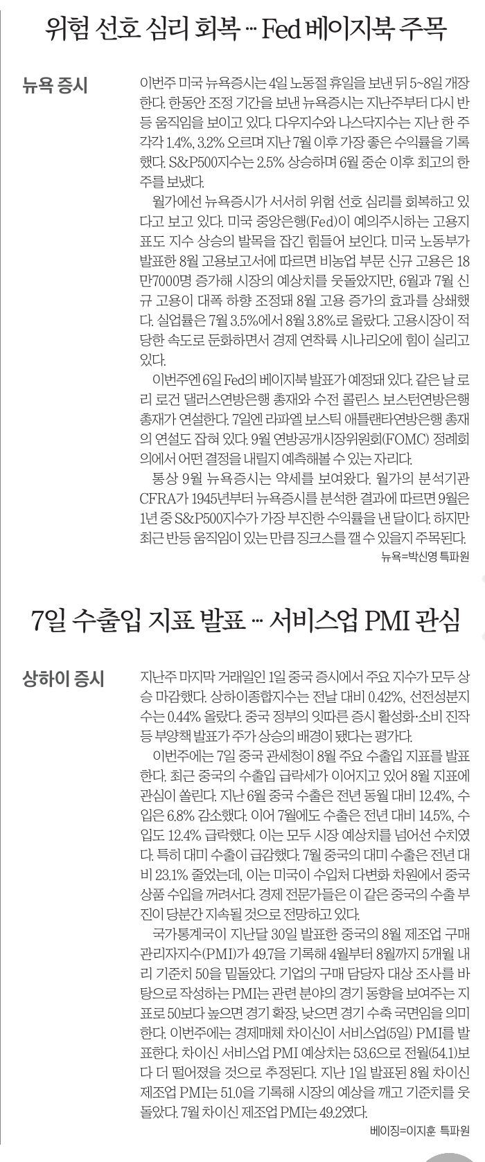 상하이증시 7일 수출입 지표 발표 서비스업 PMI관심
