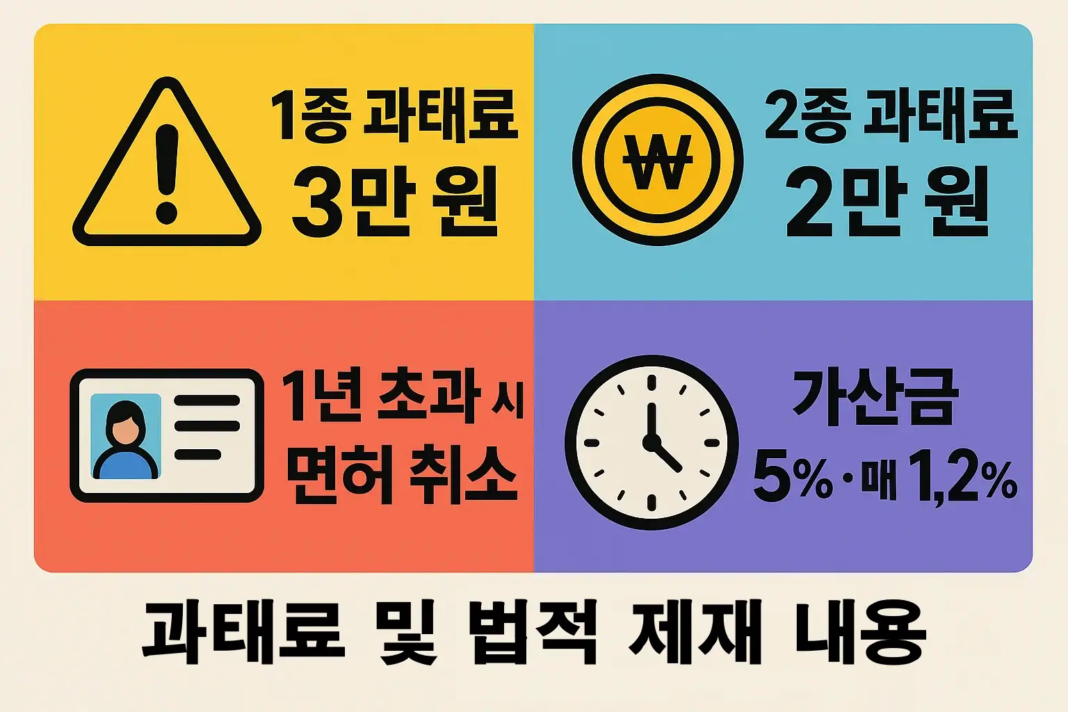 운전면허증 갱신기간 초과 시 발생하는 과태료와 법적 제재 내용을 정리한 인포그래픽. 1종 3만 원, 2종 2만 원, 1년 초과 시 면허 취소, 가산금 5%·매월 1.2% 등 주요 규정을 한눈에 보여주는 이미지.