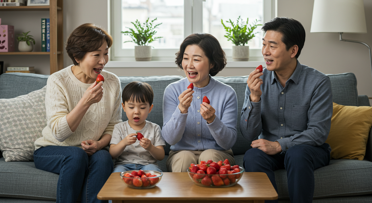 온가족이 둘러앉아 딸기를 먹고 있다