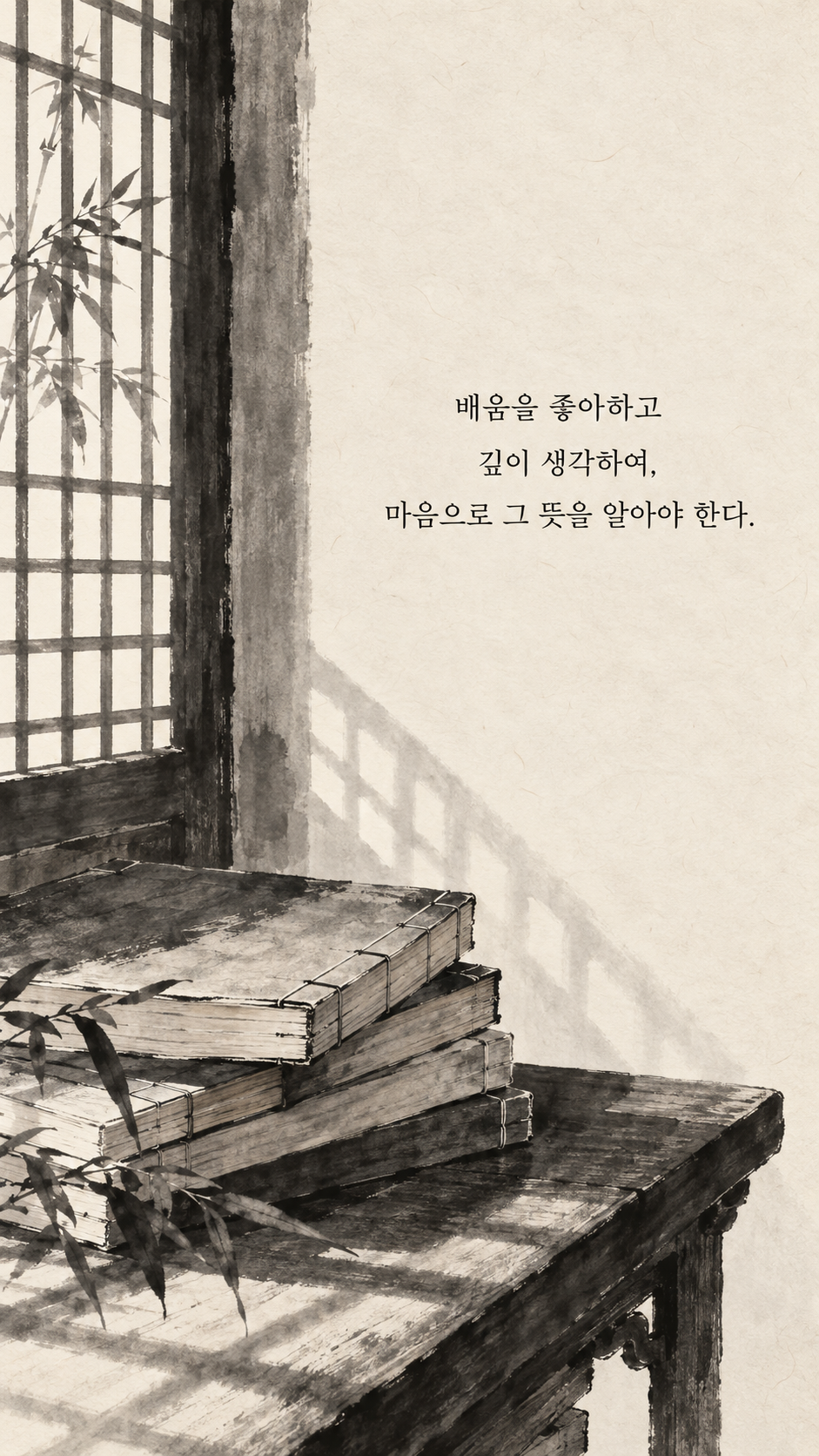 사마천 명언 13 배움을 좋아하고 깊이 생각하여, 마음으로 그 뜻을 알아야 한다. 켜켜이 놓인 책과 구멍 난 창문 빛 수묵화 이미지