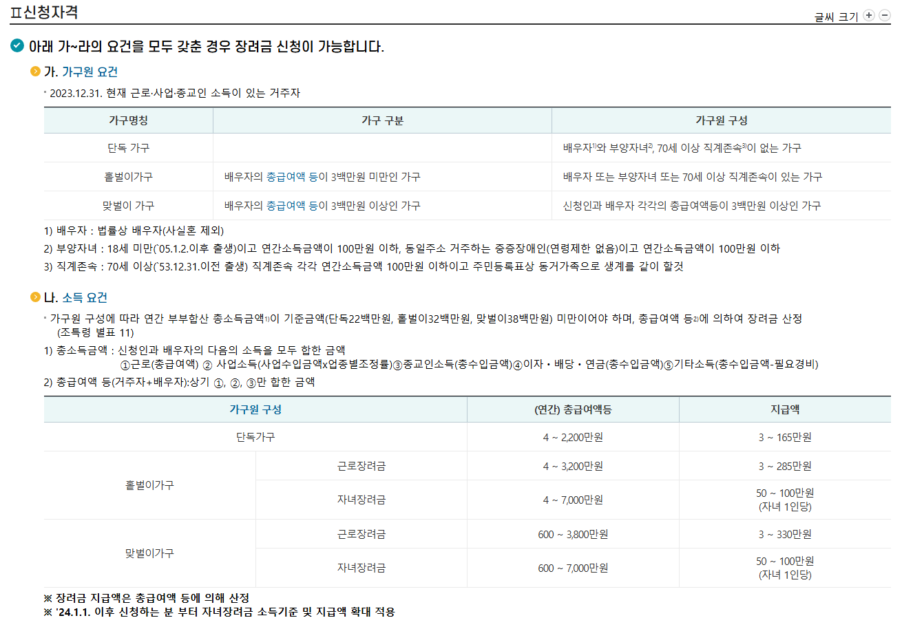 2024년 근로자녀장려금과 근로장려금 신청 자격